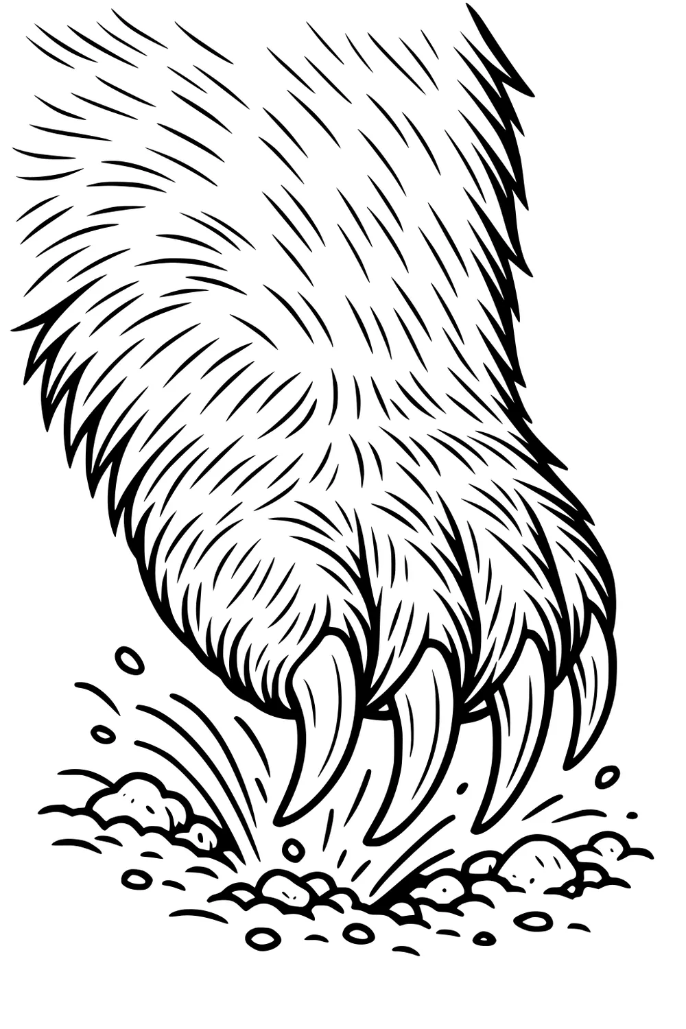 Close-up wombat paw with long curved claws digging into dirt, pebbles and dust lines flying, shaggy fur shown with bold strokes.