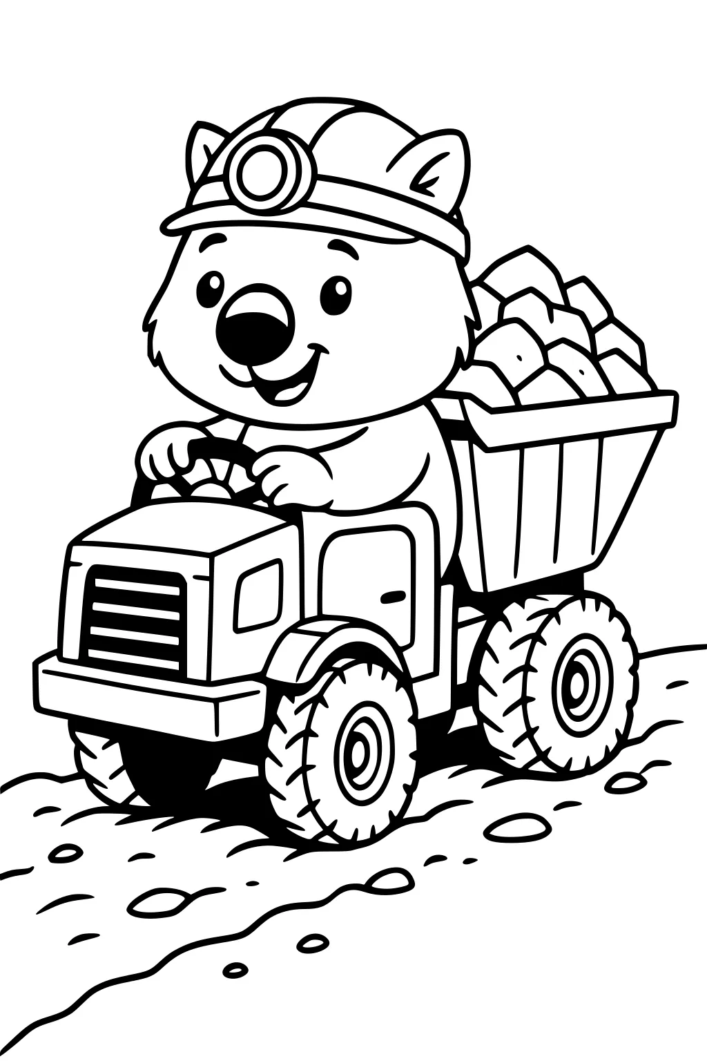Cartoon wombat miner drives a dump truck of rocks on a rocky road, wearing a headlamp helmet and holding the wheel.