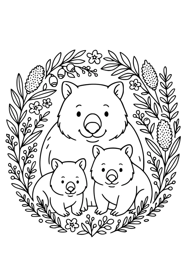 Wombat Family in Bushy Wreath