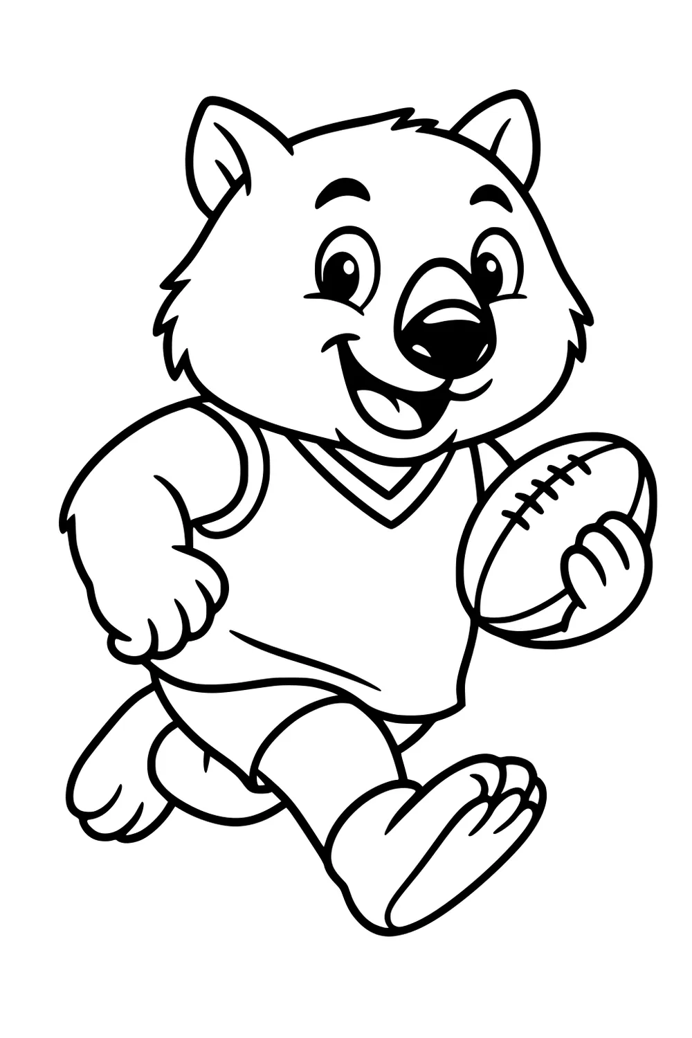 Smiling cartoon wombat in jersey and shorts runs with a laced football, one arm pumping, big paws, round ears, bold outlines.