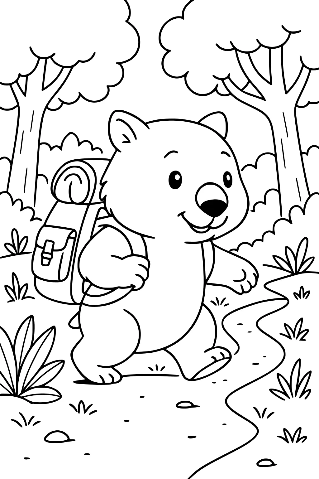 Smiling wombat with backpack on a winding forest path, with trees, bushes, grass, and a rolled sleeping mat on the pack.