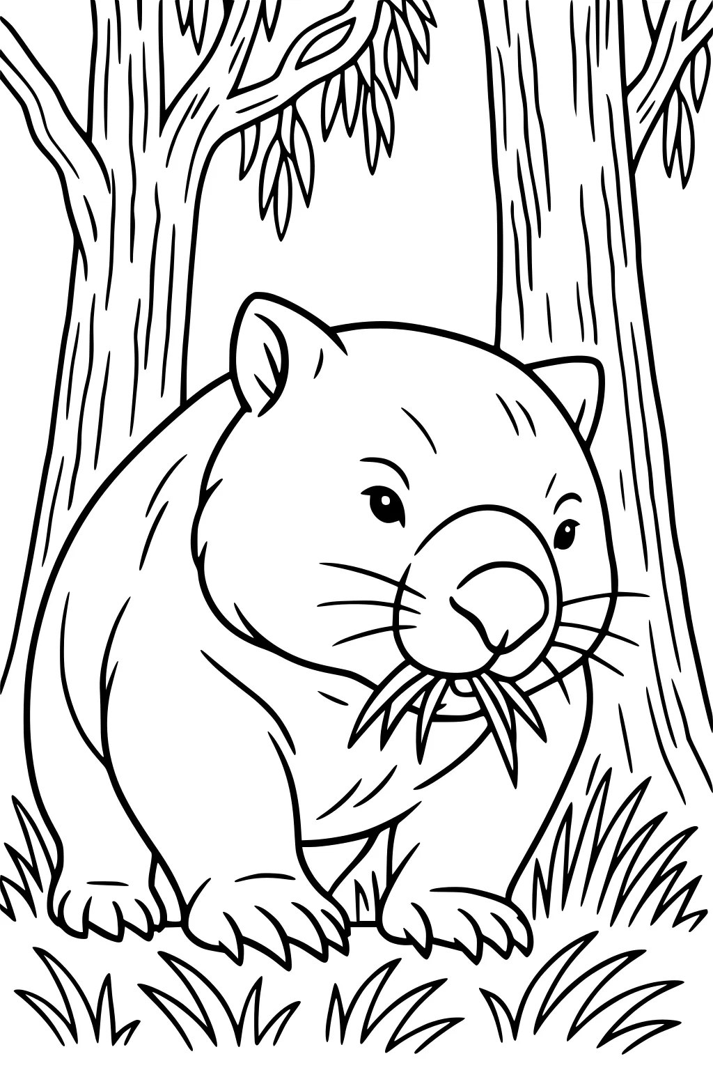 Cartoon wombat munching grass between two gum trees; round body, big nose, sturdy paws, grassy ground, simple bold outlines.