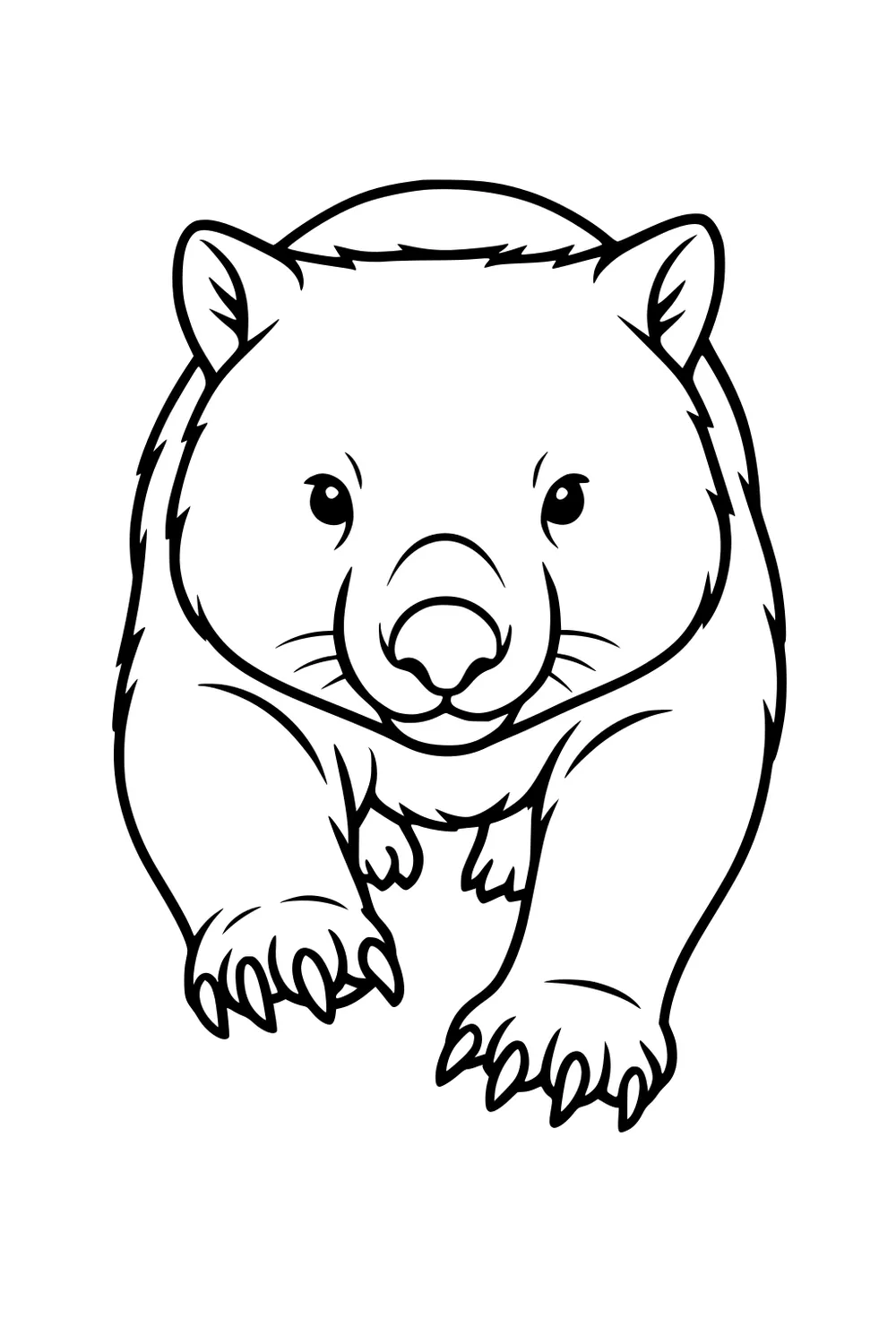 Front-view wombat with round nose, small ears, and big clawed paws, walking forward in bold outline on a plain white background.