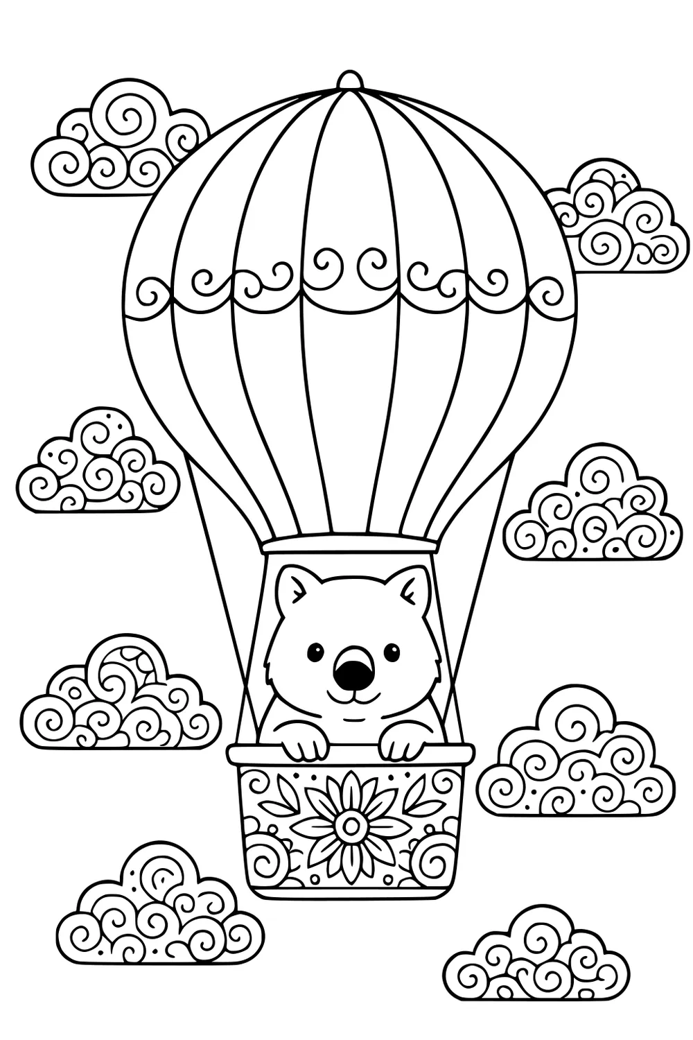 Cartoon wombat in a hot air balloon amid swirly clouds, patterned basket with flower, bold outline drawing.