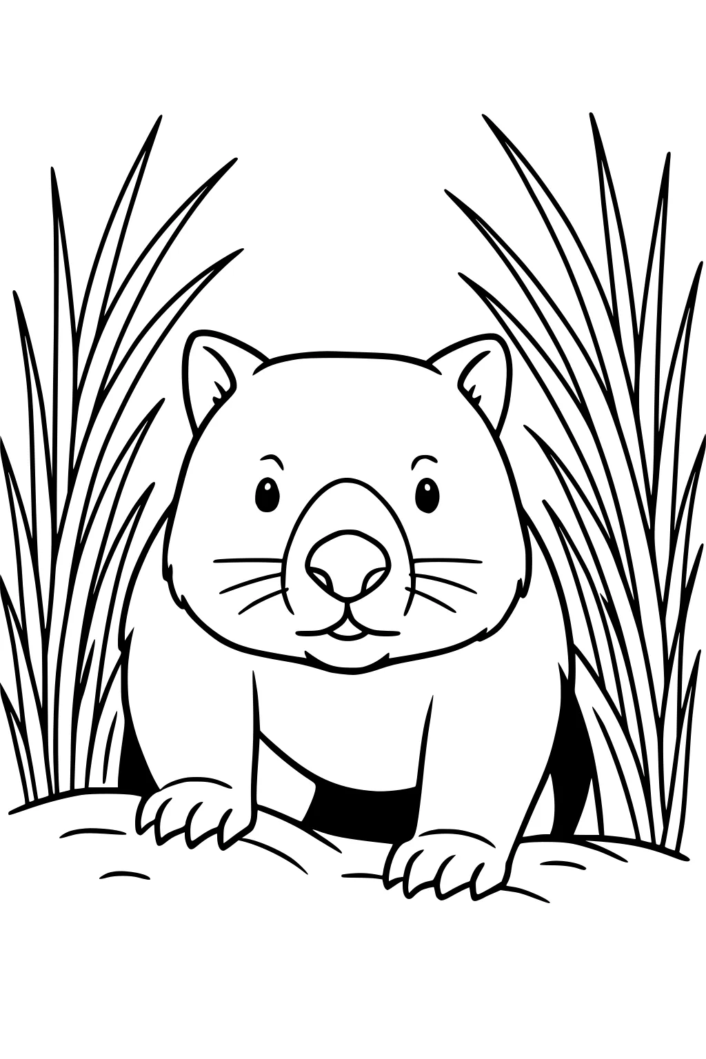 Front-facing cartoon wombat peeking between tall grass with paws on a rock, large nose, round eyes, and whiskers in bold outline.
