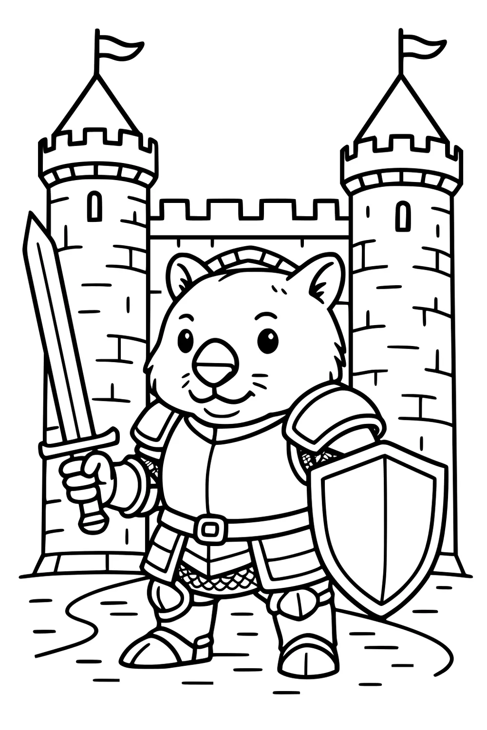 Cartoon wombat knight with sword and shield in front of two castle towers with flags.