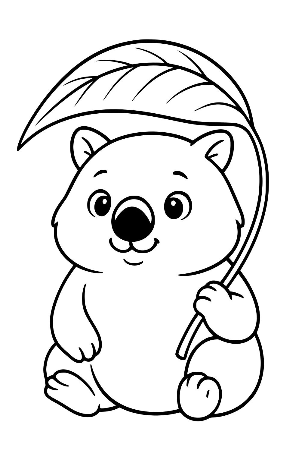 Smiling wombat sits holding a large leaf like an umbrella, round belly, big nose, simple bold outline, kid-friendly design.