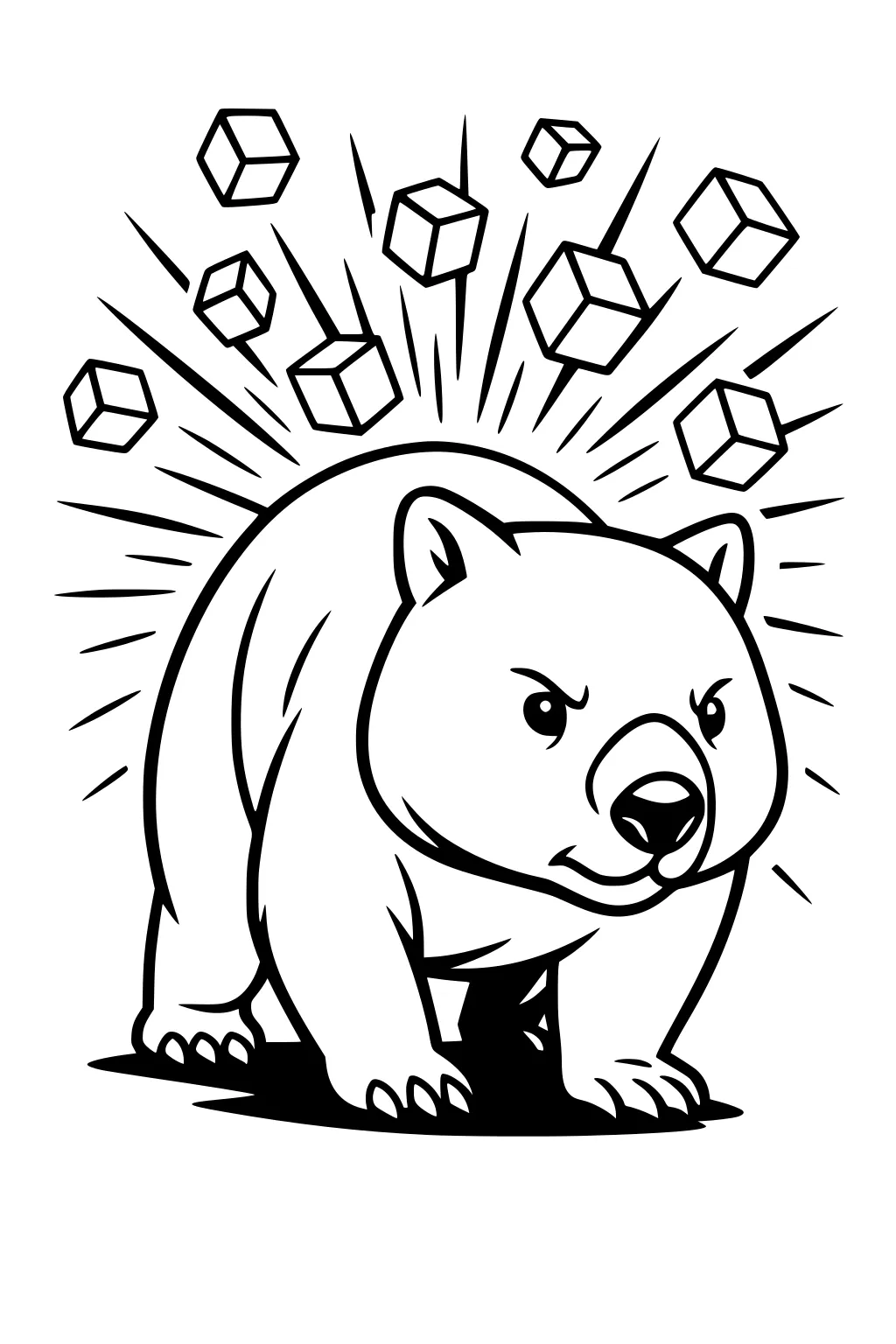 Cartoon wombat with round nose and short legs, standing as cubes float overhead with action lines around his back.