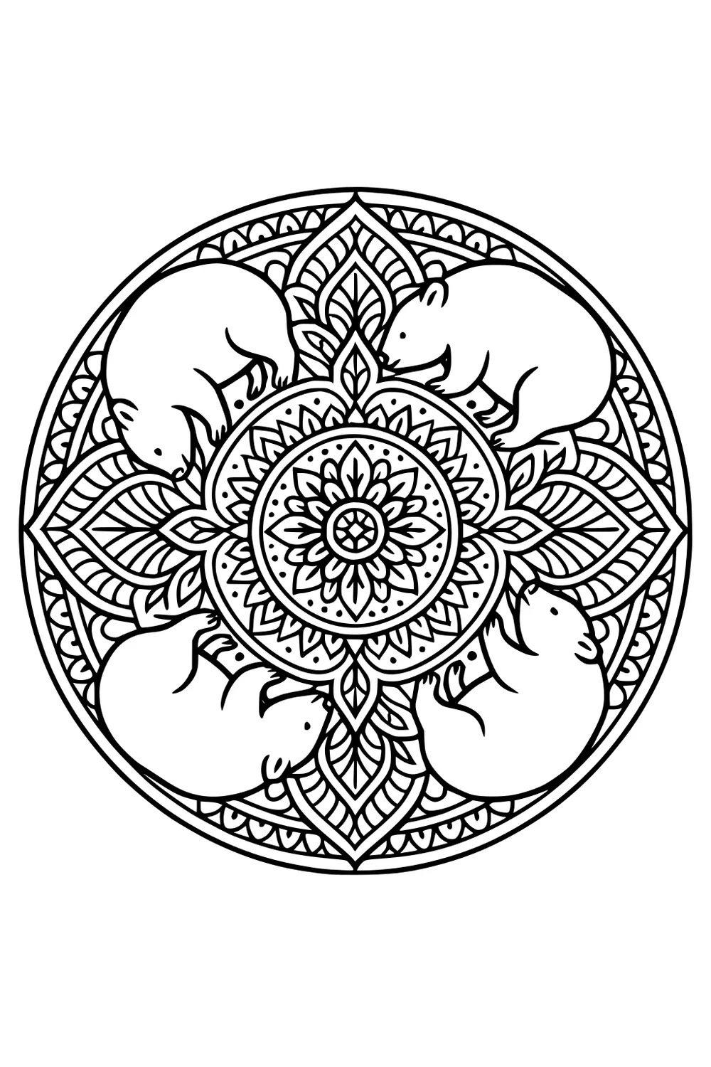 Round mandala with four wombats around a floral center, leafy motifs and patterned border in black line art.