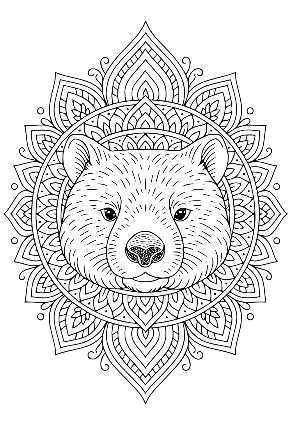 Wombat face in a circular mandala of layered leaf shapes, dots, curls, and fine fur lines, outlined for coloring.