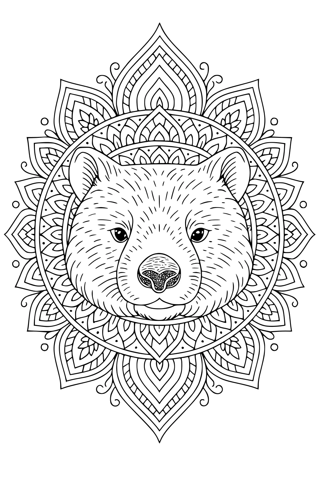Wombat face in a circular mandala of layered leaf shapes, dots, curls, and fine fur lines, outlined for coloring.