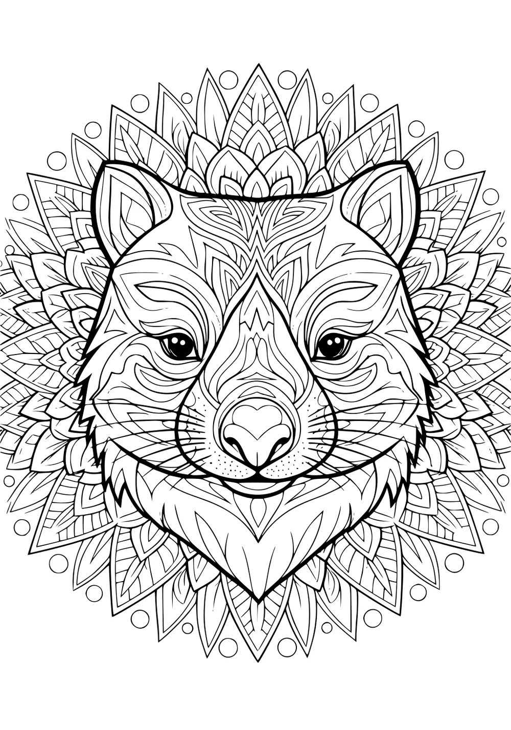 Wombat face with heart-shaped nose, perked ears, and layered mandala petals with dots, detailed with fine swirls and lines.