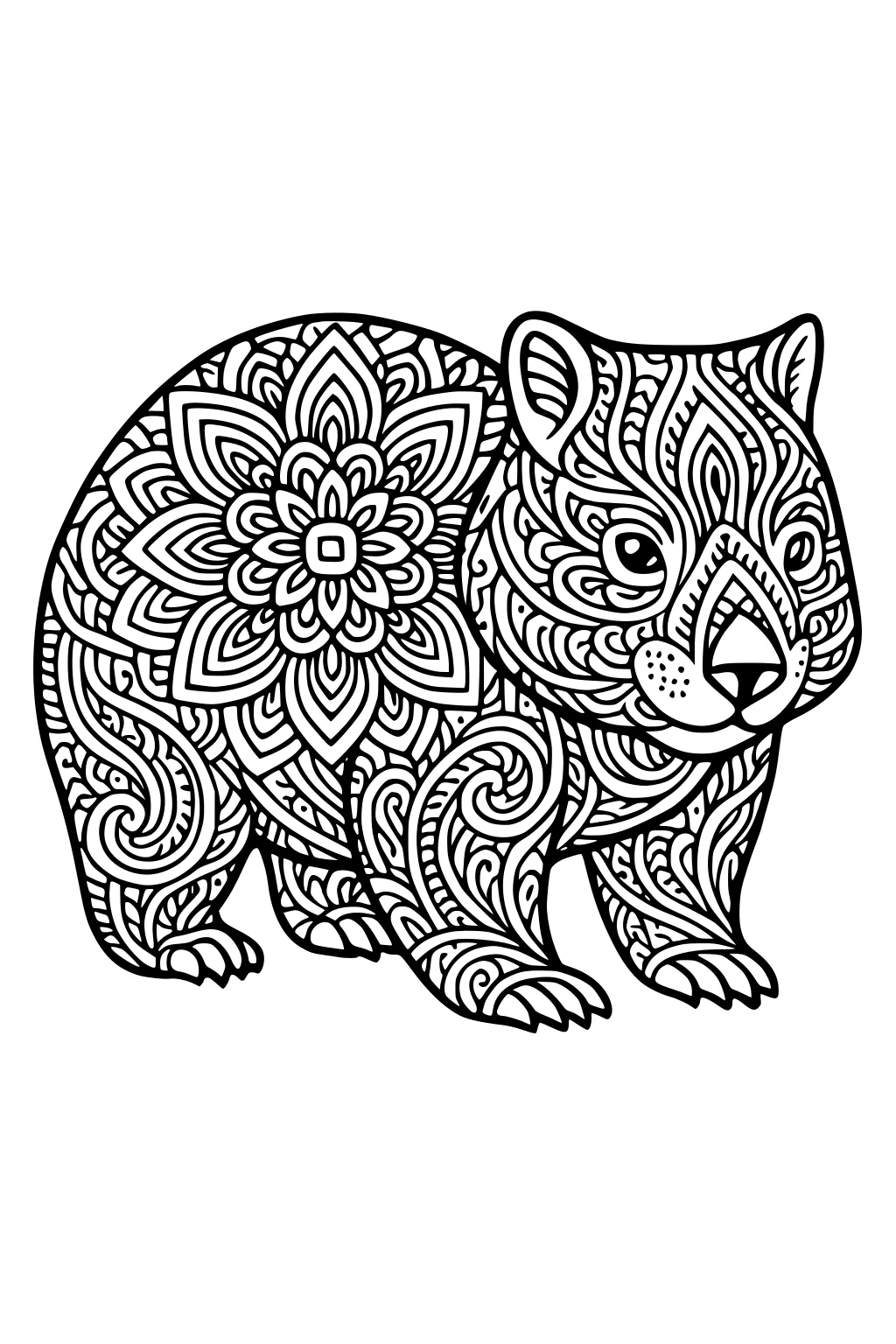 Wombat line art with mandala and leaf patterns, standing on four legs, facing right on a plain white background.