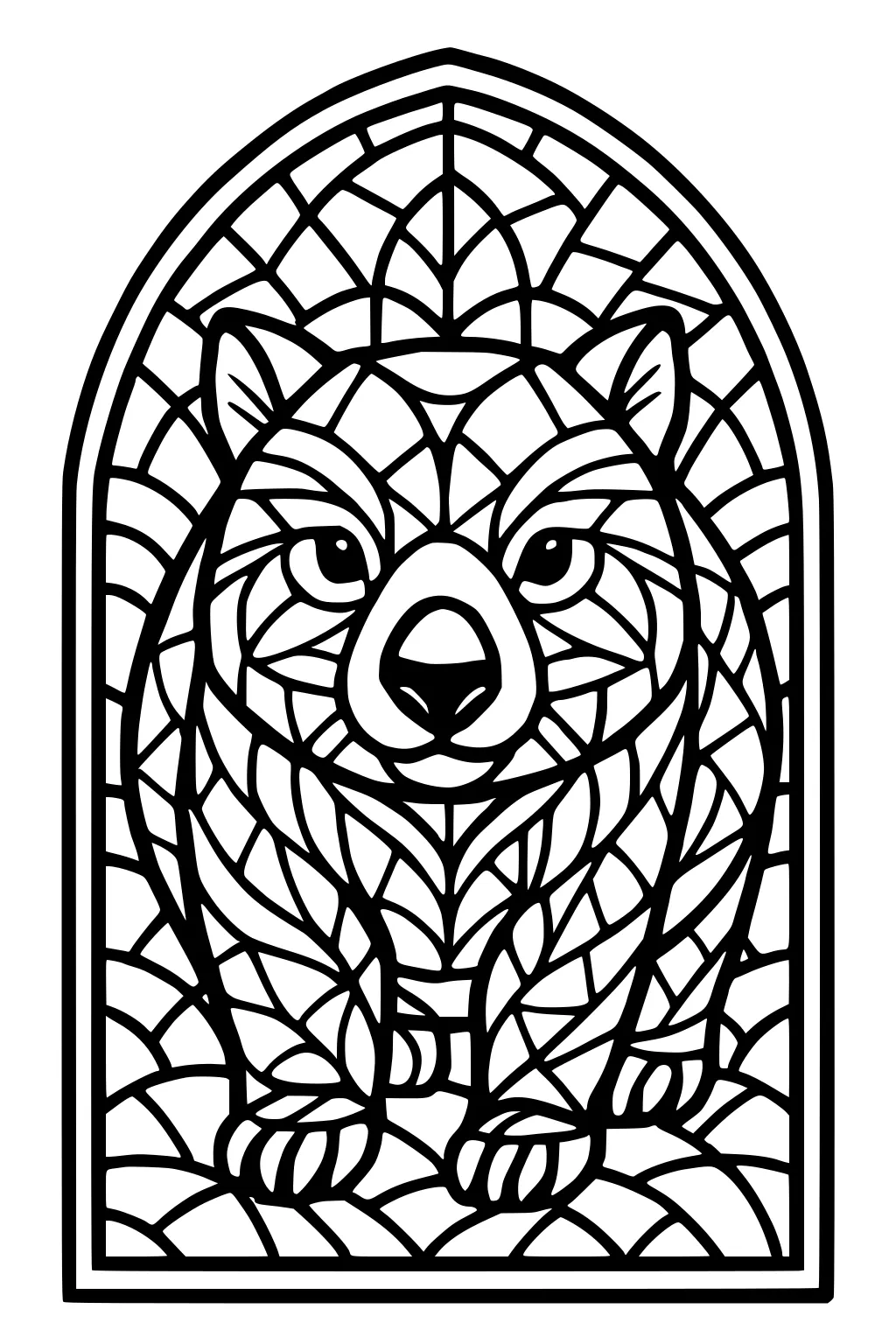 Front-facing wombat in an arched stained-glass frame with leaf-shaped mosaic pieces, bold outlines, paws and nose.