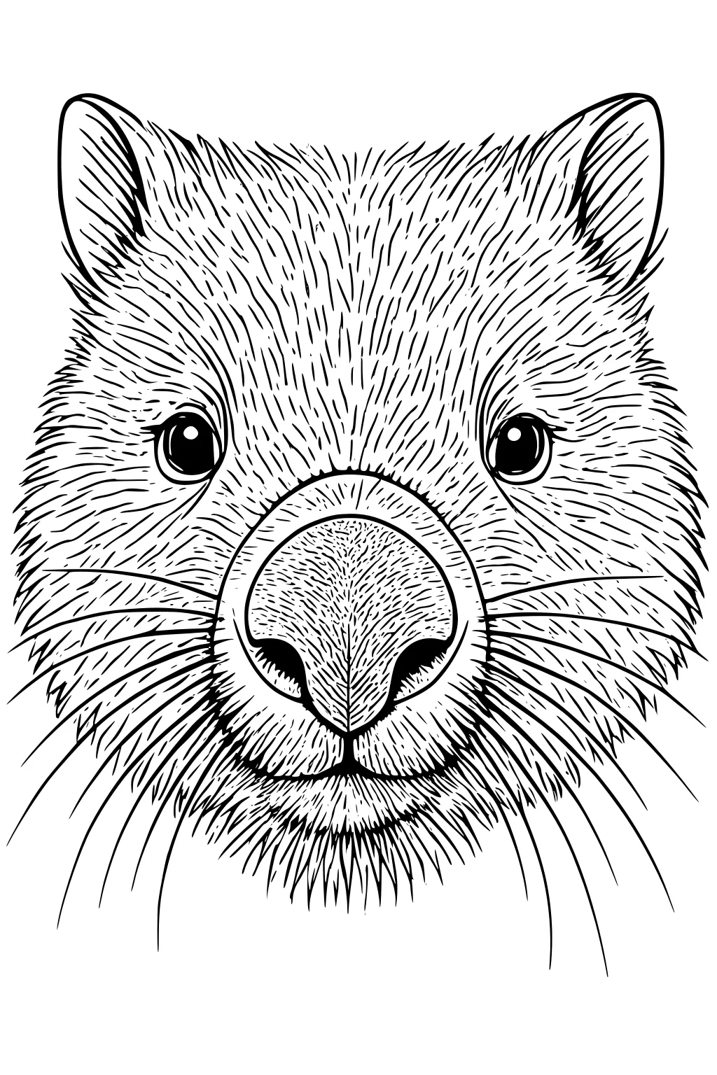 Front view wombat face with large round nose, bright eyes, upright ears, and detailed fur lines and whiskers in black outline.