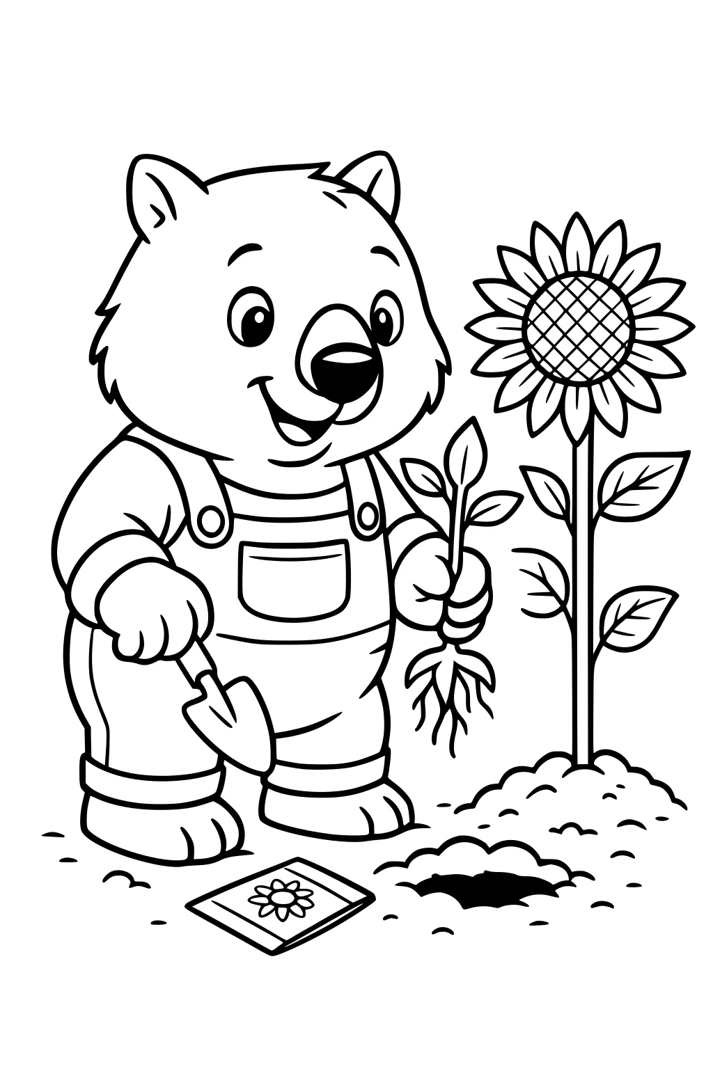 Cartoon wombat in overalls holds a seedling and trowel beside a tall sunflower, with a planting hole and seed packet on the ground.