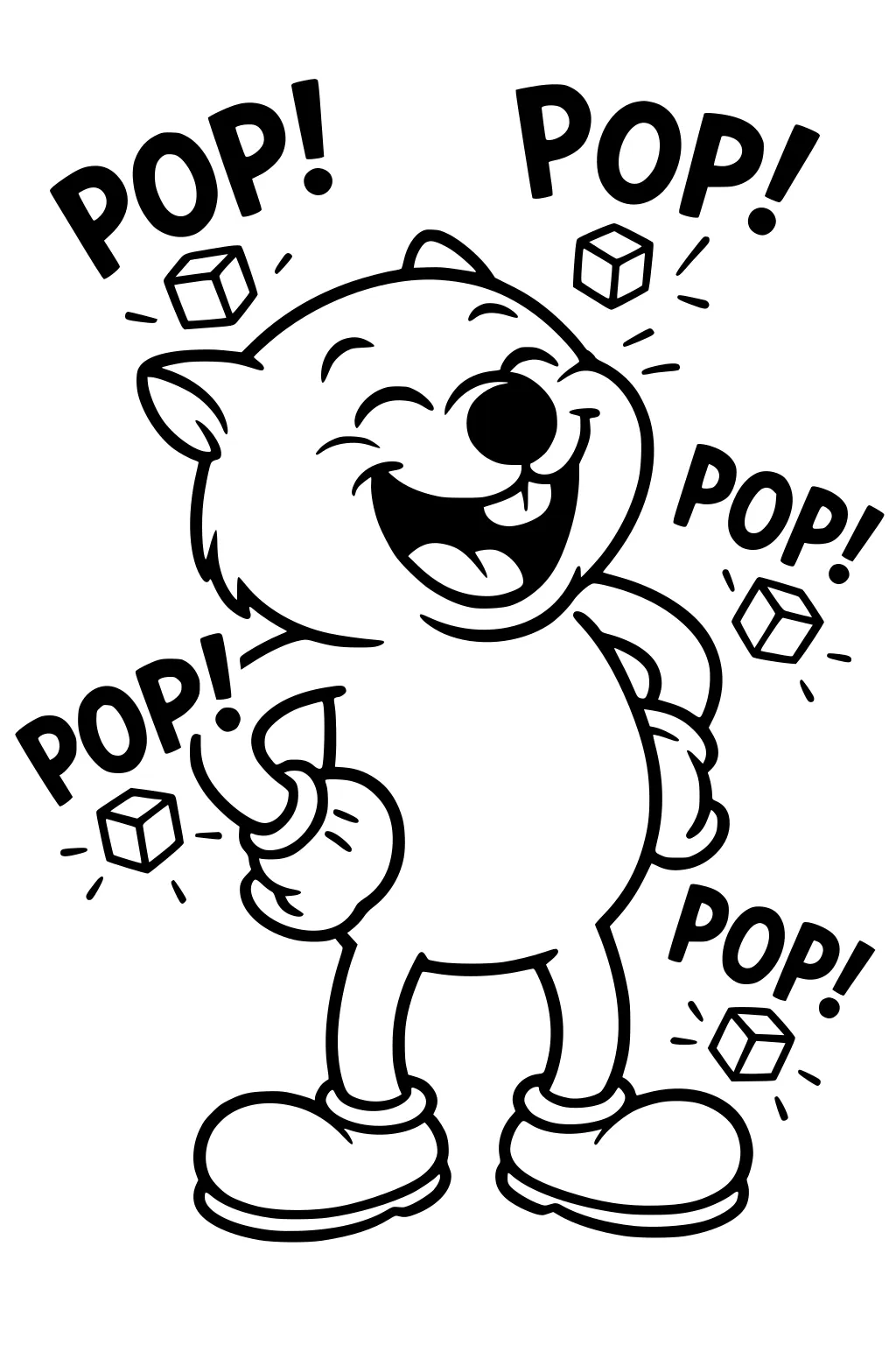 Smiling cartoon wombat in big boots and gloves giving a thumbs-up, surrounded by POP! words and small popping cubes.