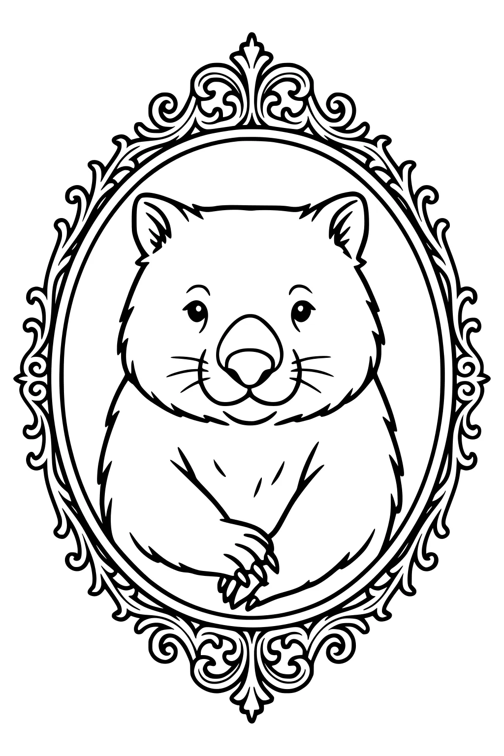 Smiling wombat with crossed paws in an ornate oval frame; simple cartoon portrait with round nose and whiskers.