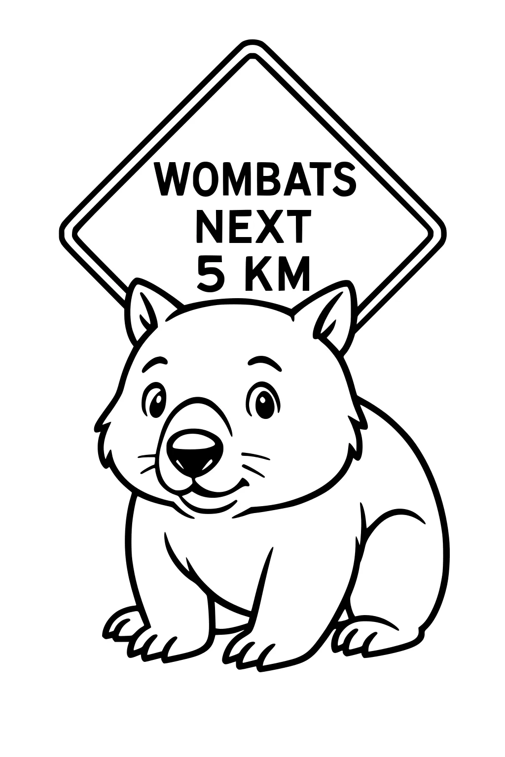 Cartoon wombat by a WOMBATS NEXT 5KM road sign with a winding road, grassy hills, and clouds in the background.