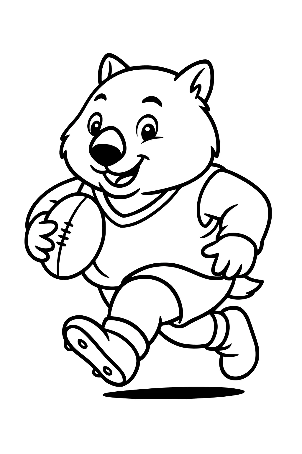 Cartoon wombat in a jersey runs with an oval football, smiling, wearing cleats, with a small tail and a ground shadow.