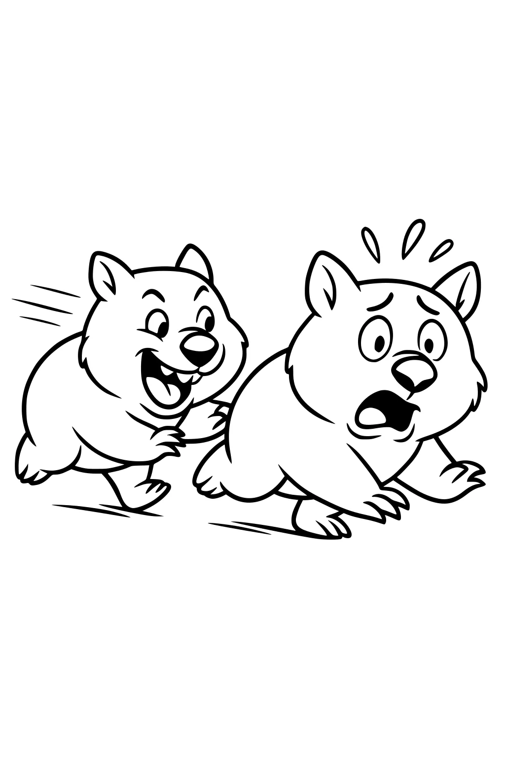 Two cartoon wombats run; one chases grinning, the other looks startled with sweat drops; simple outlines and motion lines.