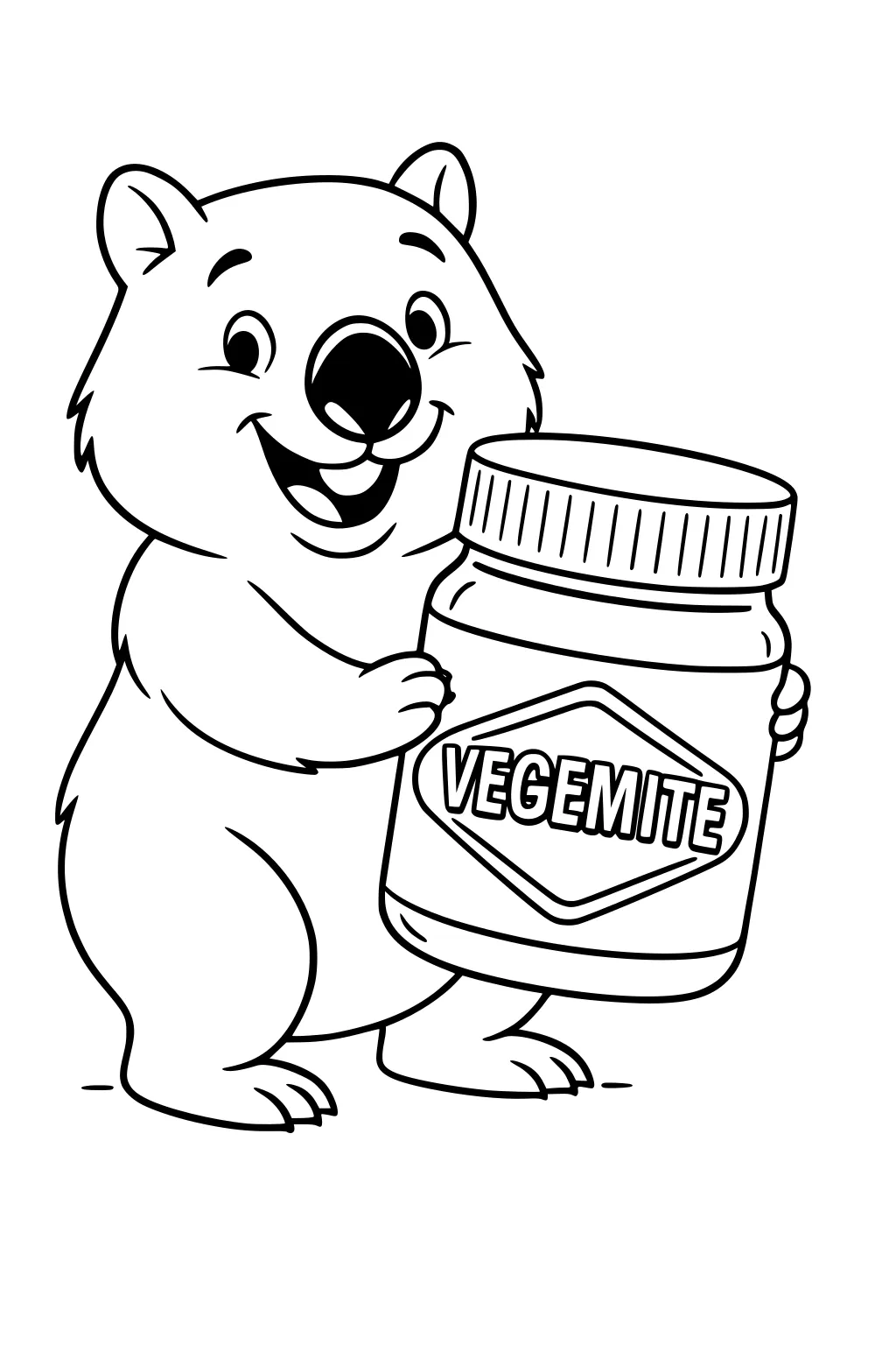 Smiling cartoon wombat hugging a large Vegemite jar with ribbed lid and diamond label, standing upright with wide eyes and a tiny tooth.