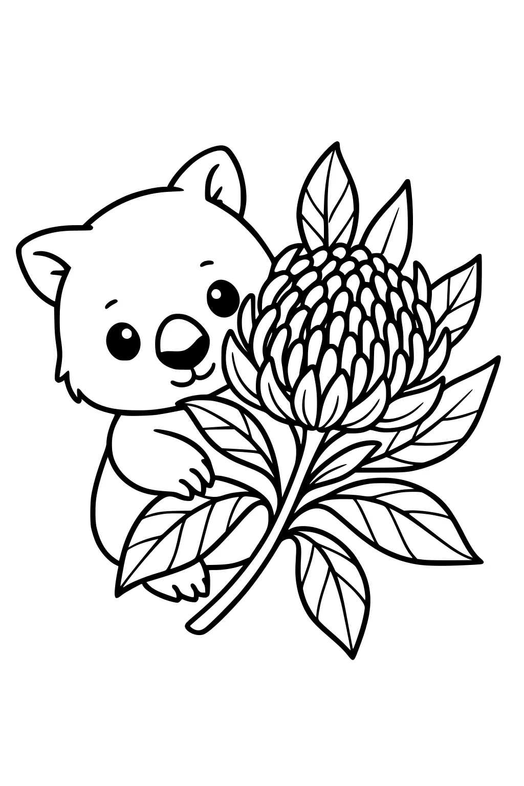 Cartoon wombat peeking behind a large waratah flower, hugging the stem with small paws, surrounded by several veined leaves.