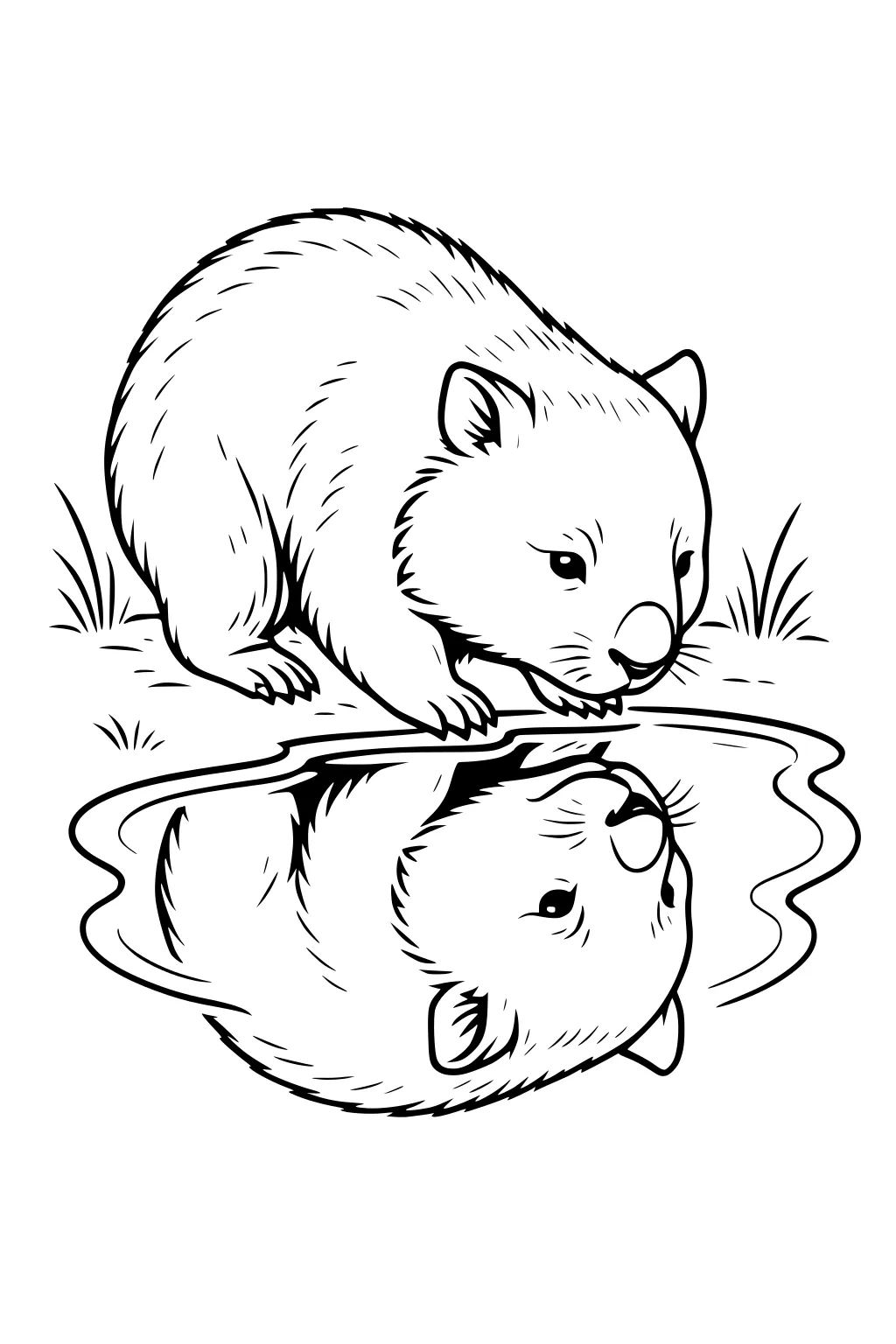 Cartoon wombat drinking at a pond, with his reflection in the water and small grass clumps on the bank, outlined for coloring.