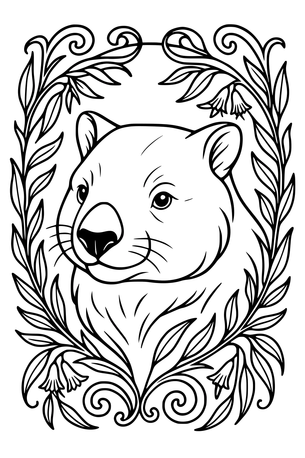 Line drawing of a wombat face framed by leafy vines and small bell flowers with bold outlines and swirls on a white background.