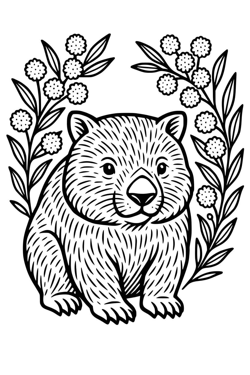 Front-facing wombat sitting with paws showing, framed by leafy branches with round wattle-like blossoms, bold lines for fur texture.