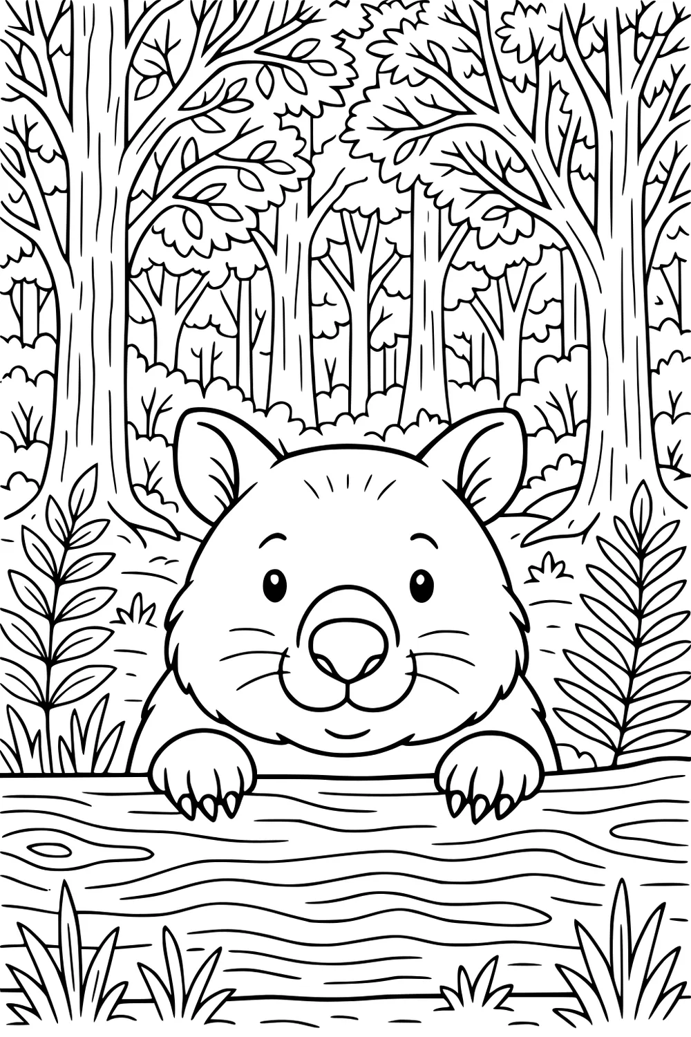 Cartoon wombat peeking over a log in a forest of tall trees with ferns and grass, smiling with paws on the wood.