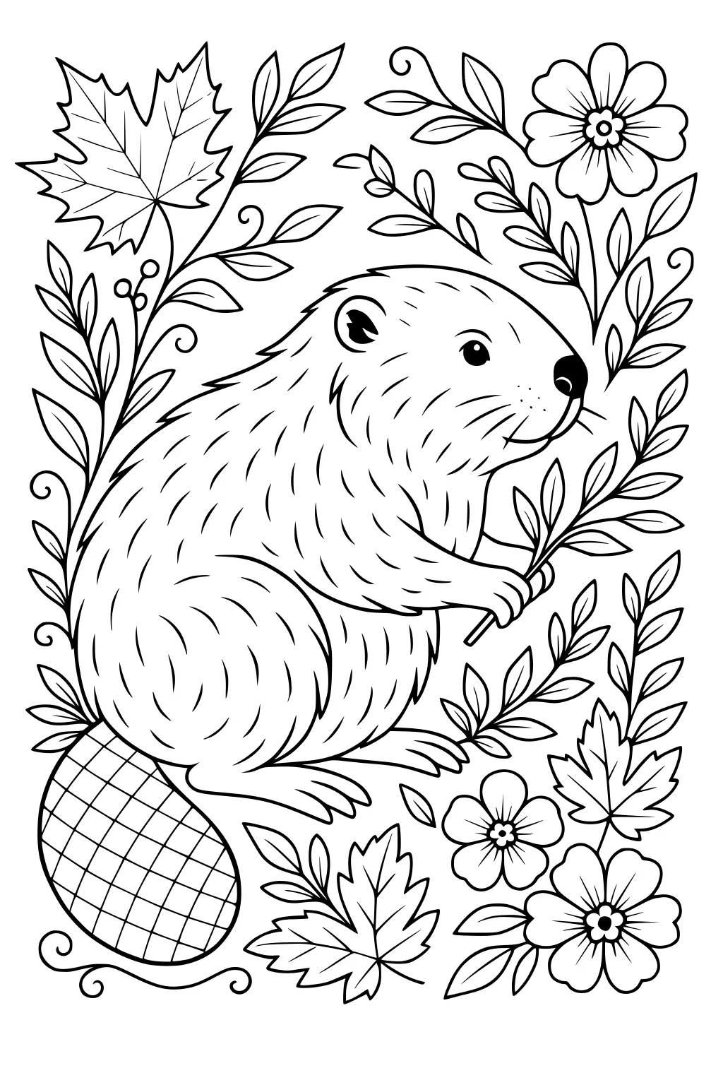 A beaver holding a branch sits among flowers, maple leaves, and twirling stems in a decorative nature design.