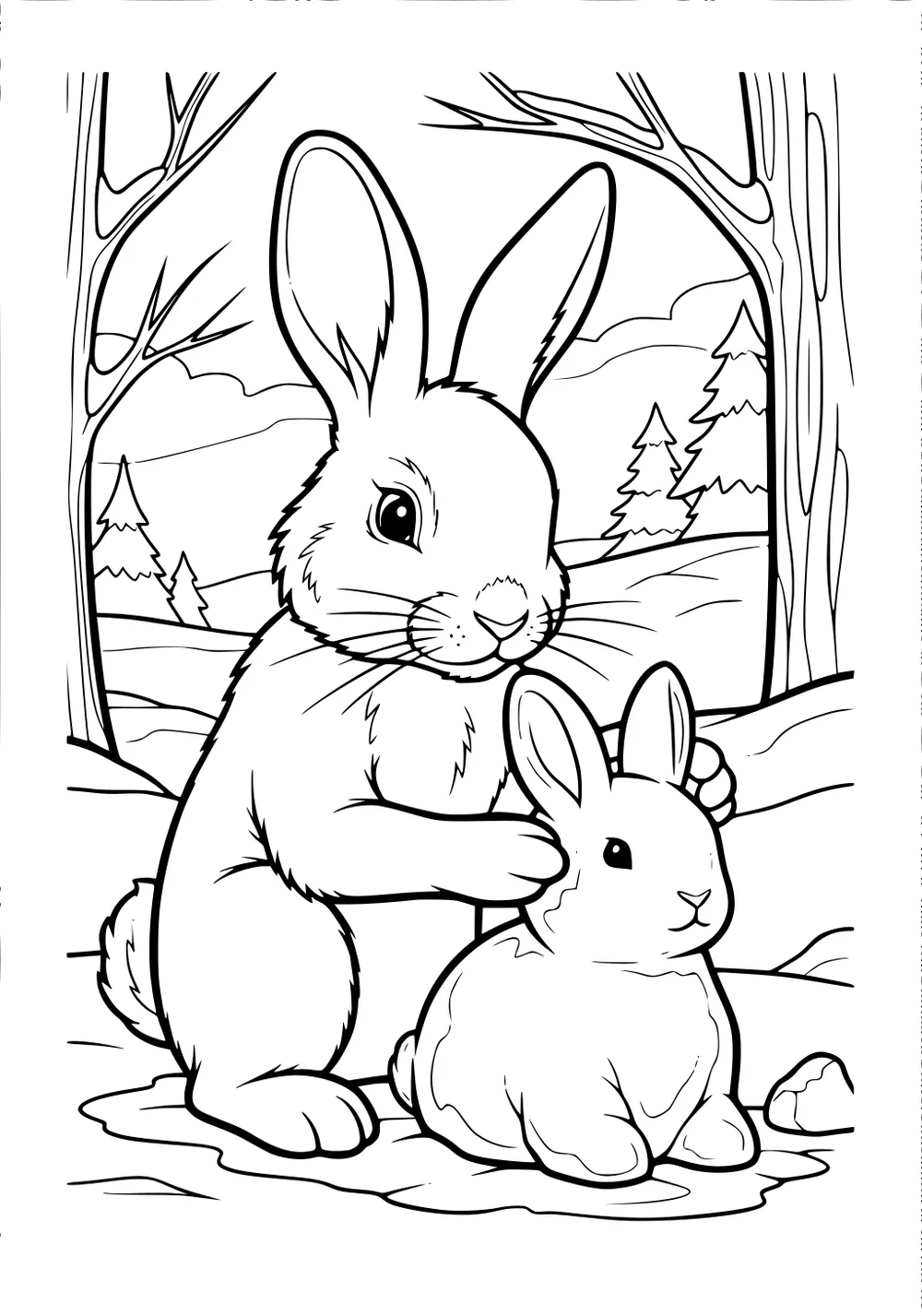 Two rabbits sitting close together in a snowy forest, surrounded by bare trees and pine trees.