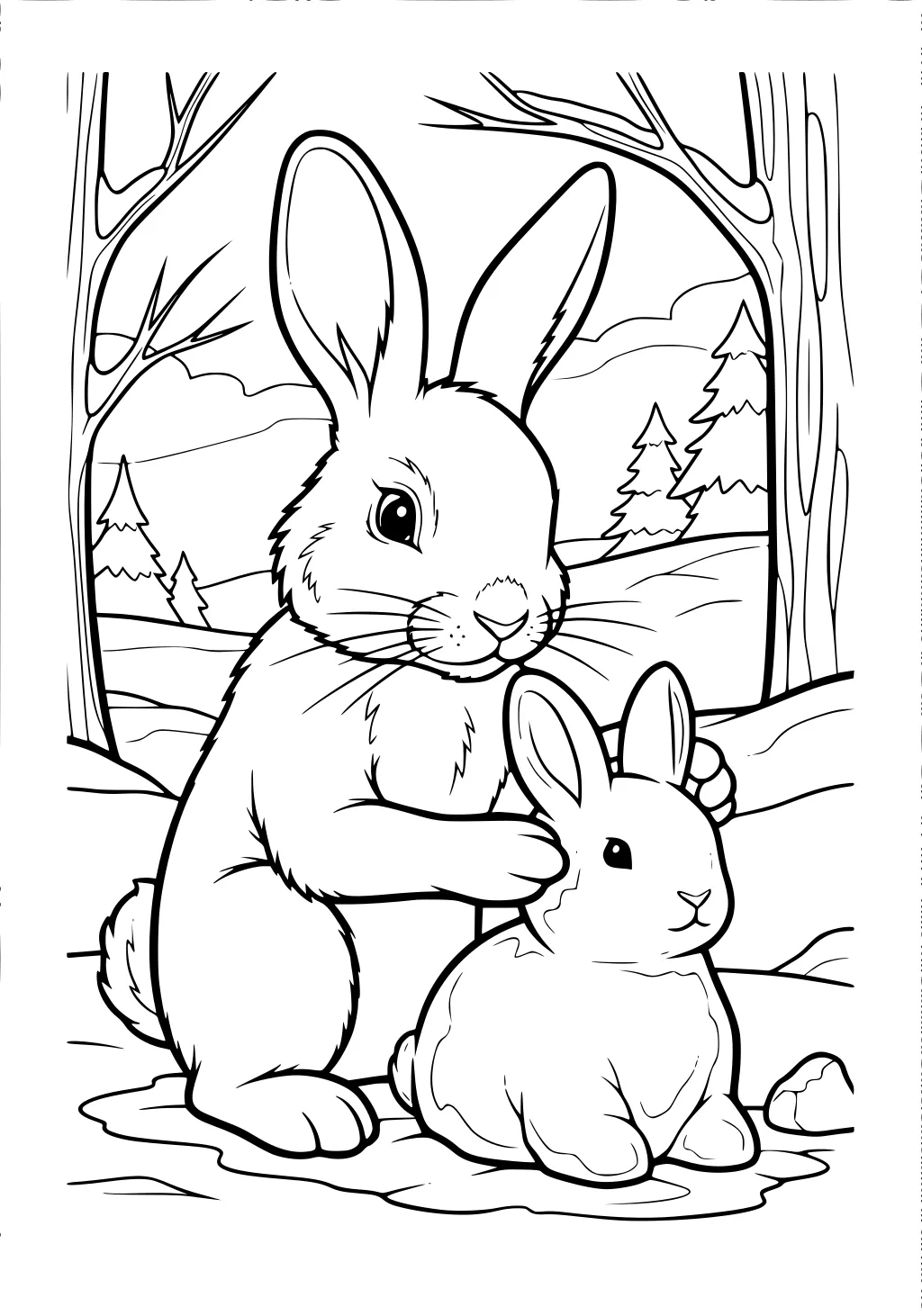 Two rabbits sitting close together in a snowy forest, surrounded by bare trees and pine trees.