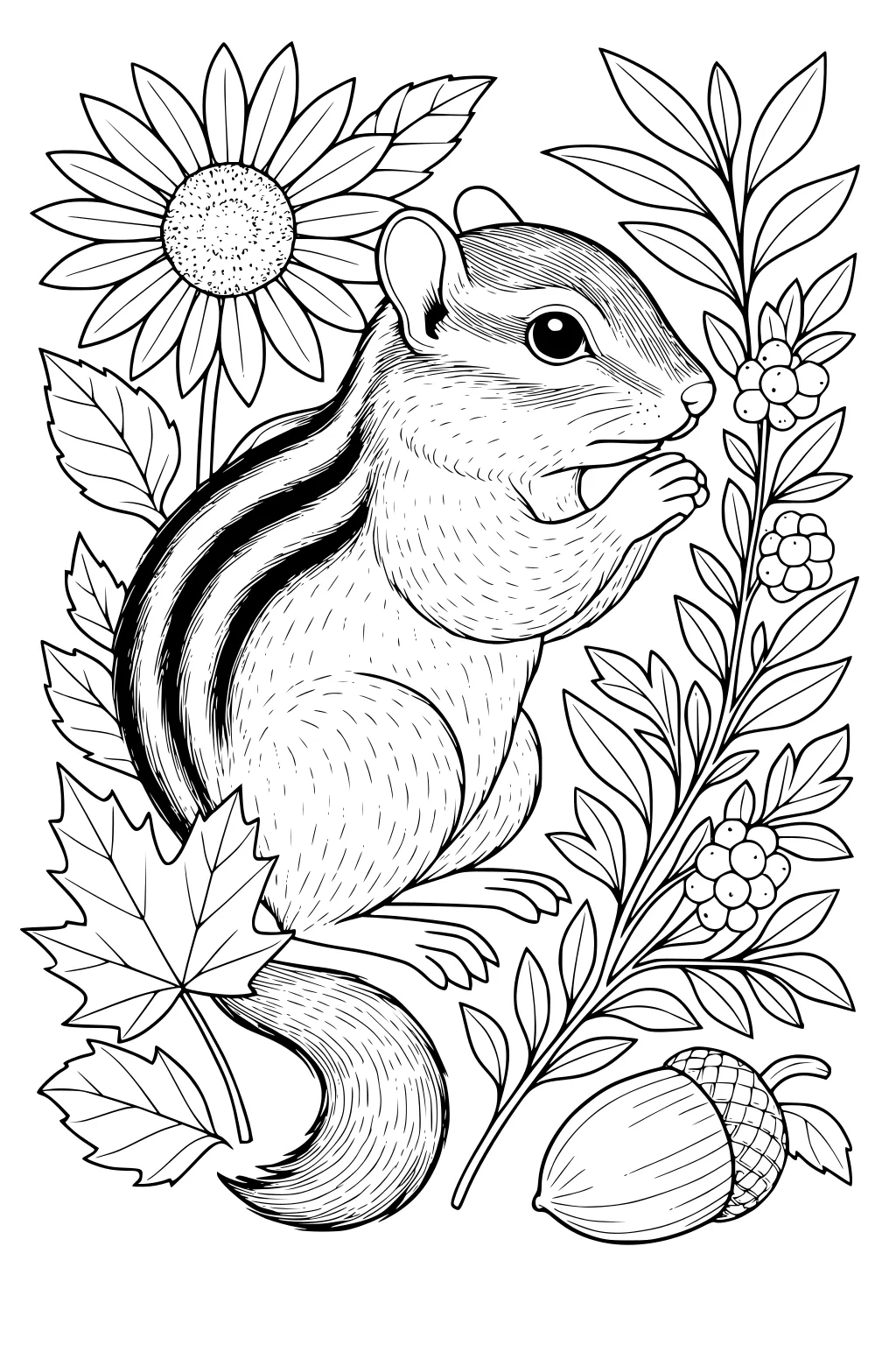 Chipmunk nibbling food, surrounded by a sunflower, maple leaves, berries, and an acorn on a detailed forest background.