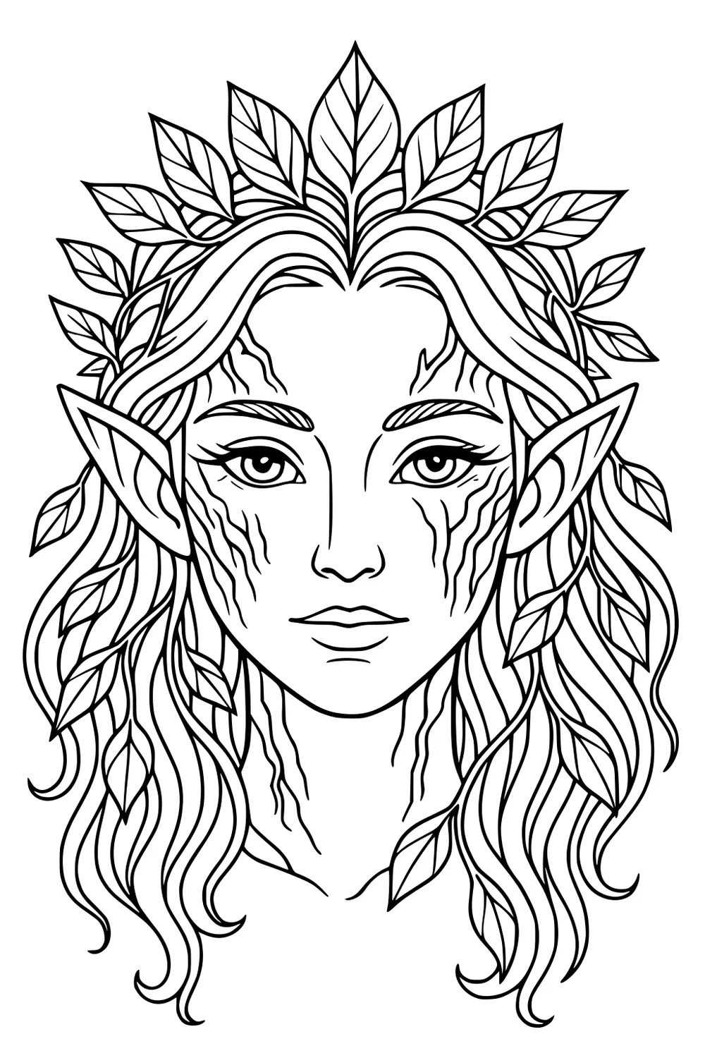 Fairy girl portrait with leaf crown, long wavy hair, pointed ears, and leaf strands, facing forward with gentle tree-like markings.