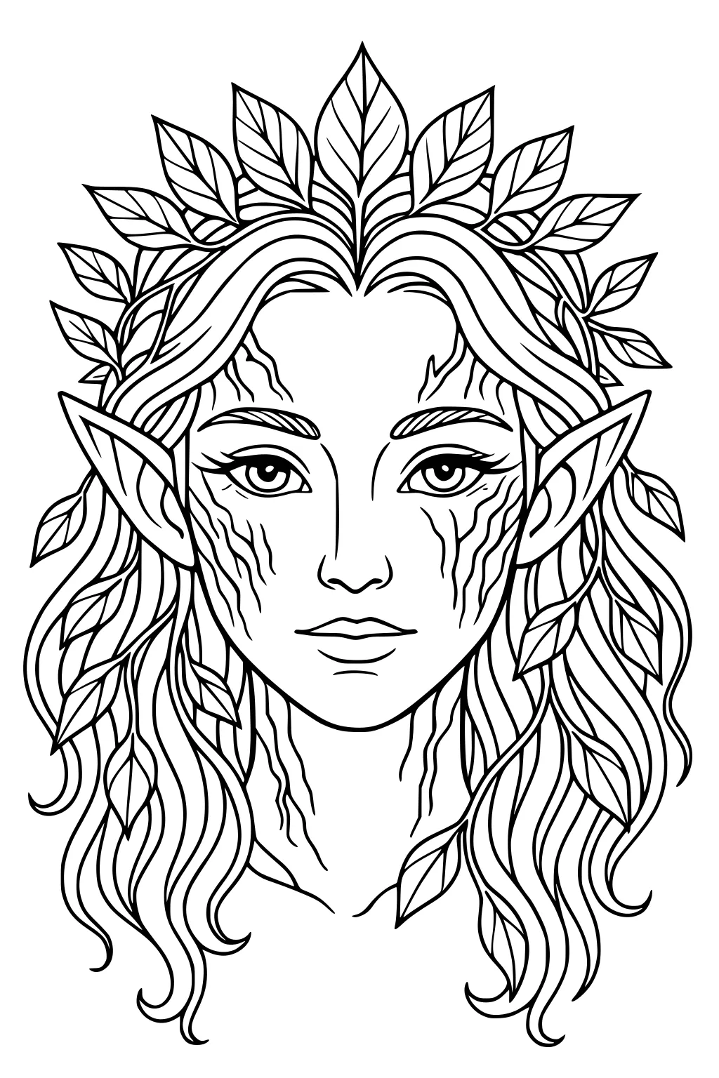 Fairy girl portrait with leaf crown, long wavy hair, pointed ears, and leaf strands, facing forward with gentle tree-like markings.