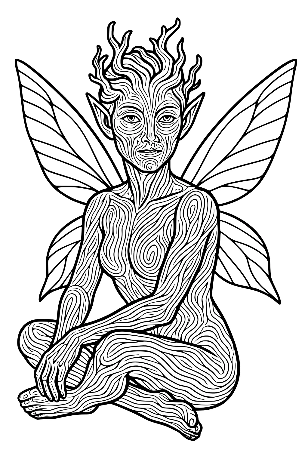 Cross-legged fairy girl with pointed ears, leafy wings, flame-like hair, and wood-grain lines on her body.