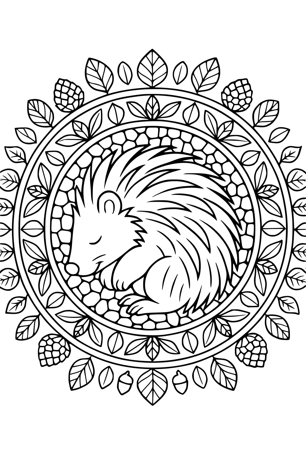 Curled porcupine sleeping inside a circular border of stones. Outer border decorated with leaves, pine cones, and acorns.