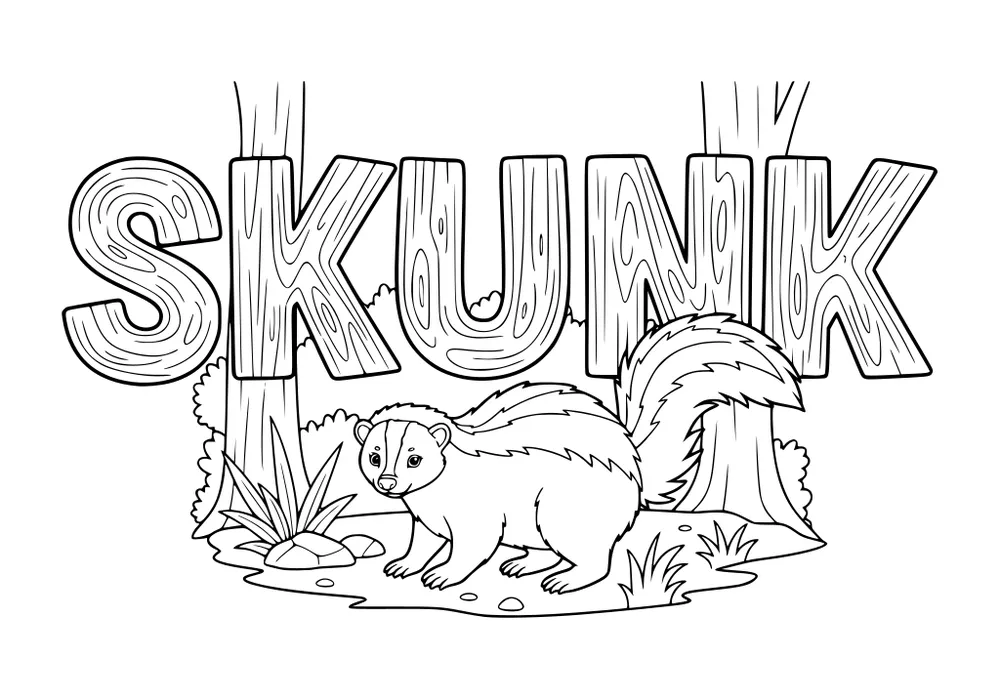 Hand-drawn skunk standing in front of large wood-textured SKUNK letters, with trees, grass, and a few rocks around him.