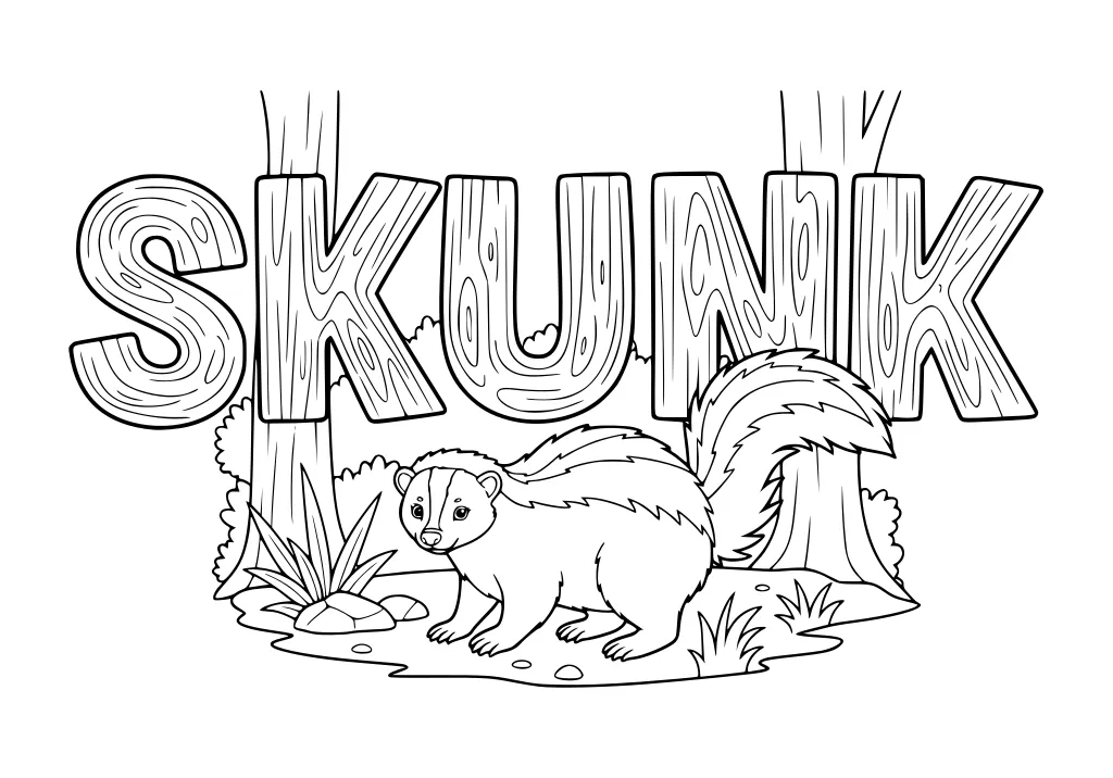 Hand-drawn skunk standing in front of large wood-textured SKUNK letters, with trees, grass, and a few rocks around him.