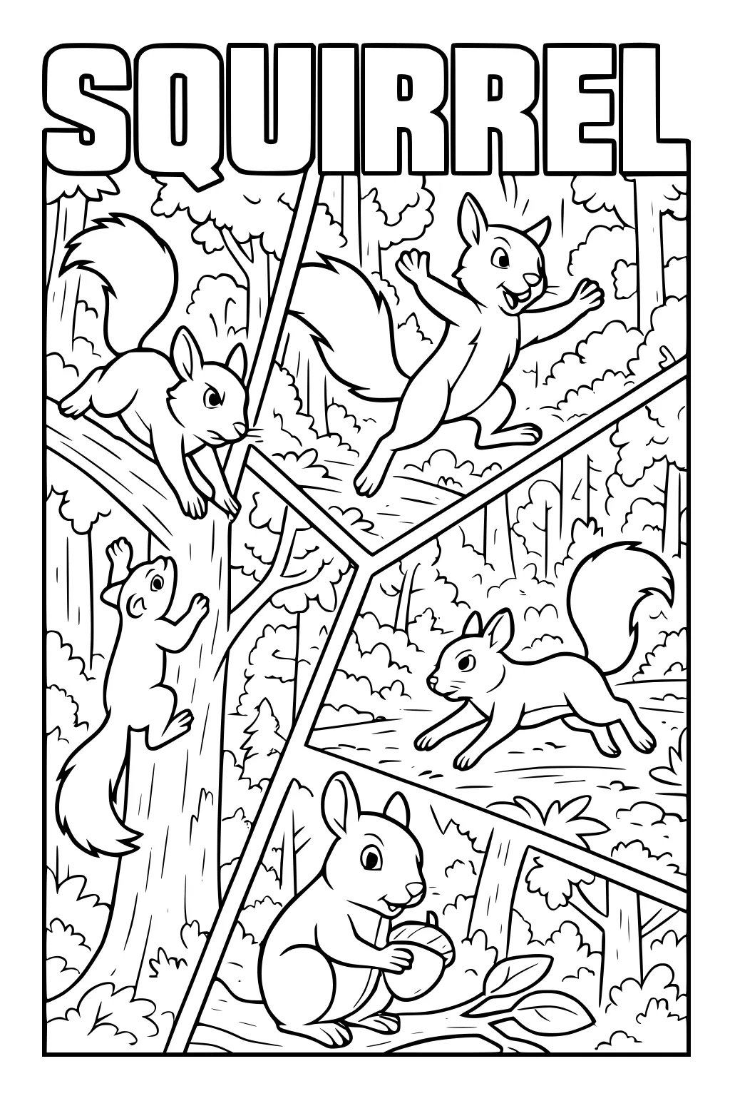 Squirrel in four woodland scenes climbing, running, standing, and holding an acorn, surrounded by trees and leaves.