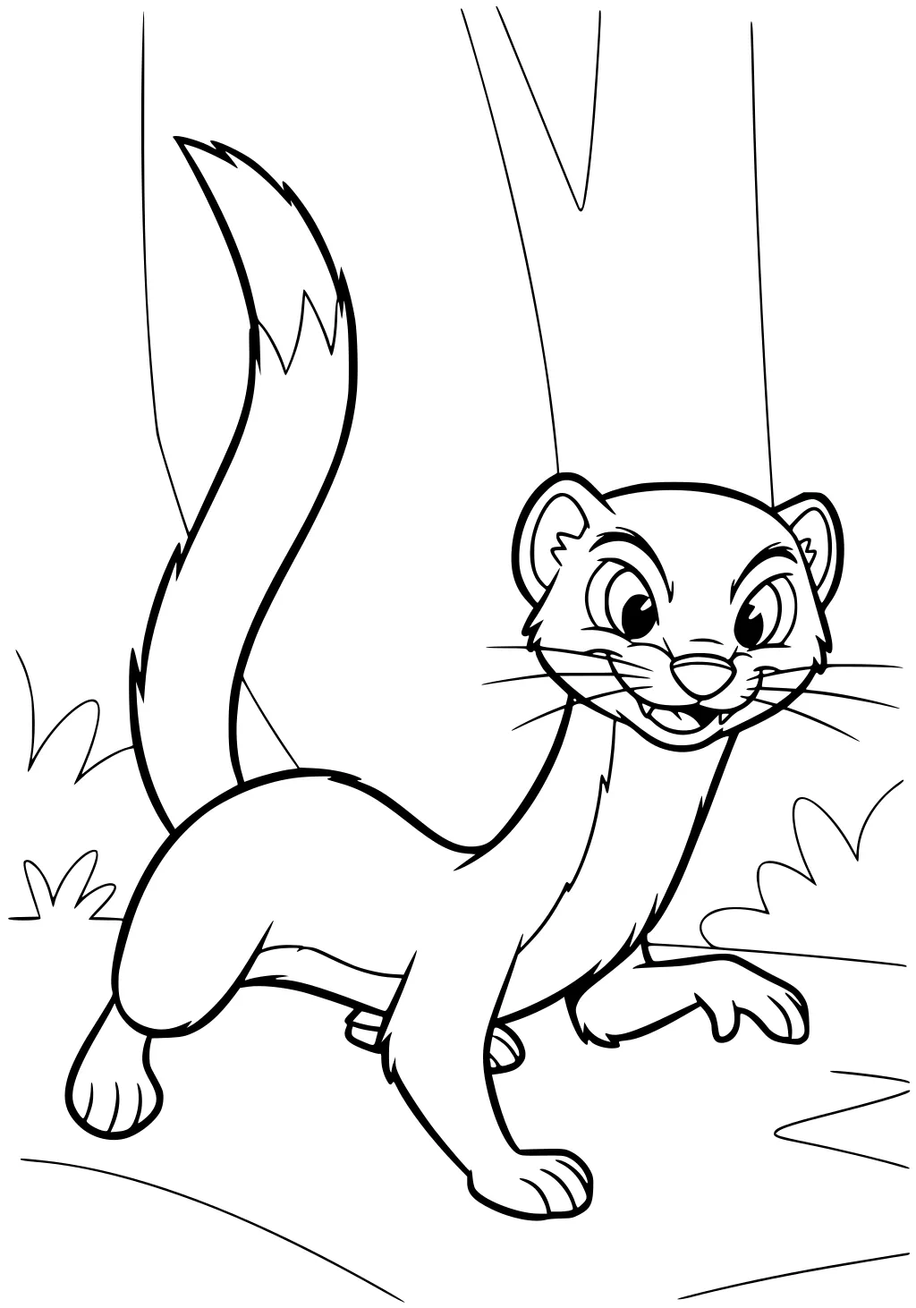 Cartoon weasel with a bushy tail, standing on a forest path with trees and grass around.