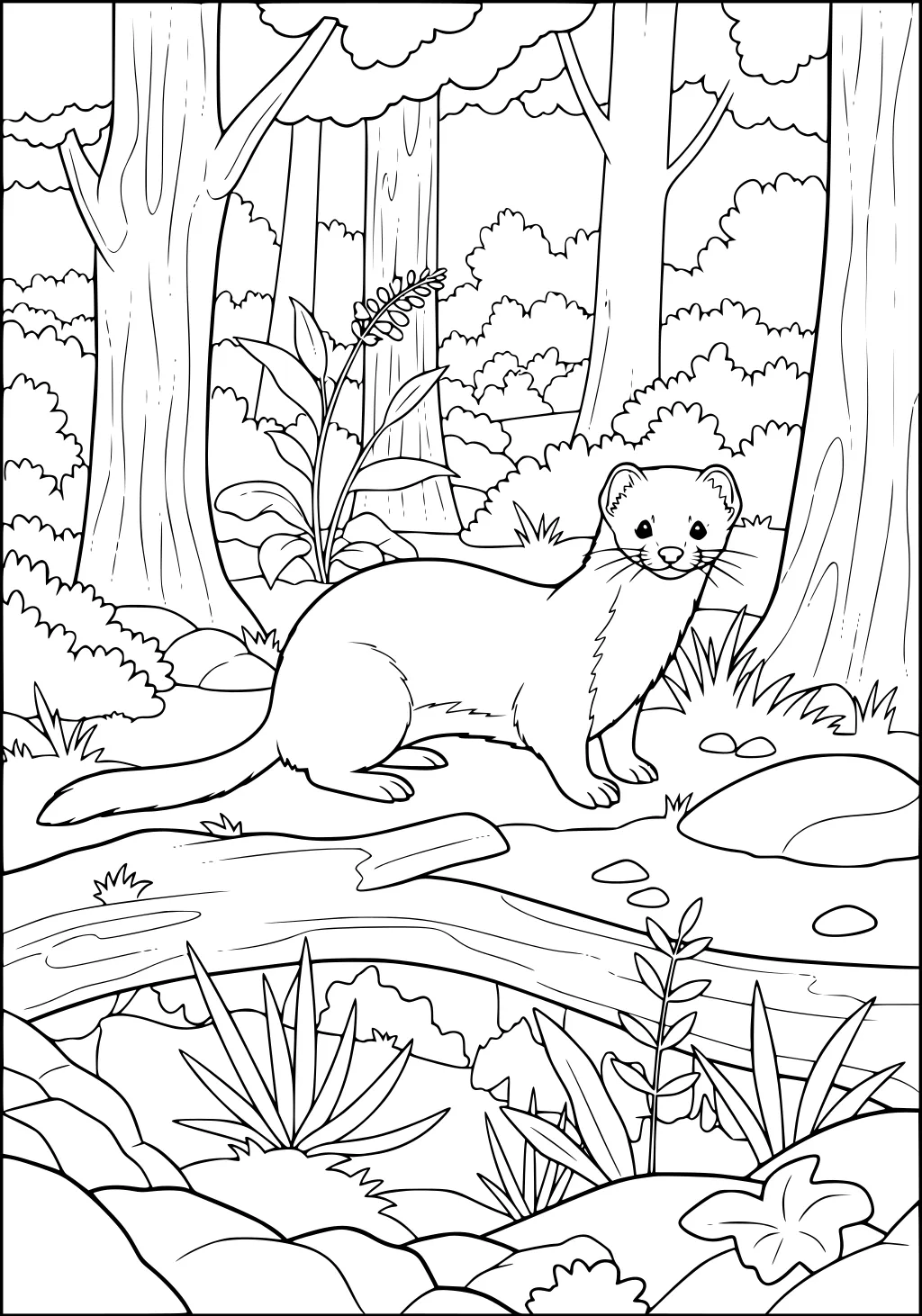 Weasel standing next to a stream in a detailed forest with trees, rocks, bushes, and leafy plants.