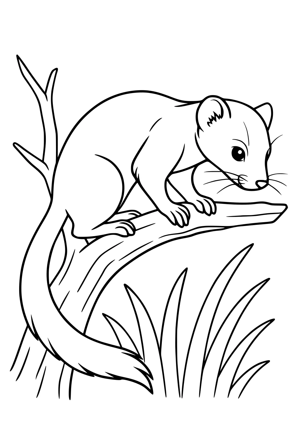 Weasel perched on tree branch above grass, with long tail and alert eyes.
