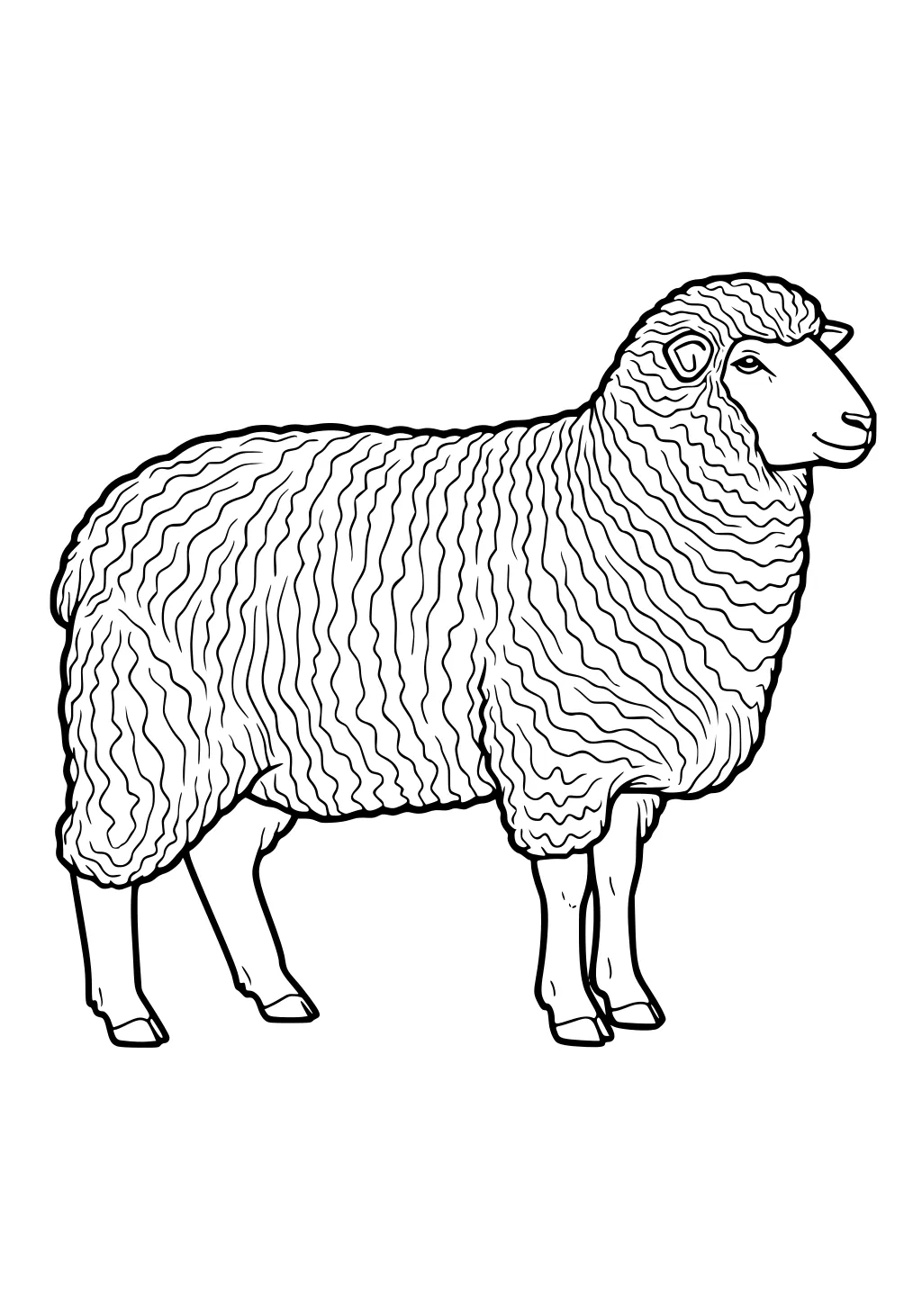 Line drawing of one standing sheep with curly, wavy wool covering its body, facing right on a blank background.