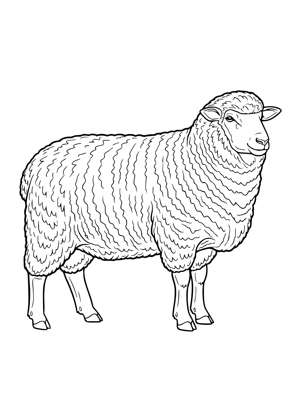 Sheep with thick, curly fleece standing on all four legs facing right, drawn in black outline on a white background.