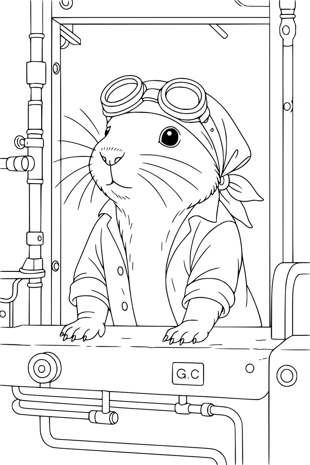 Hamster with goggles and bandana at a mechanical control table with pipes.