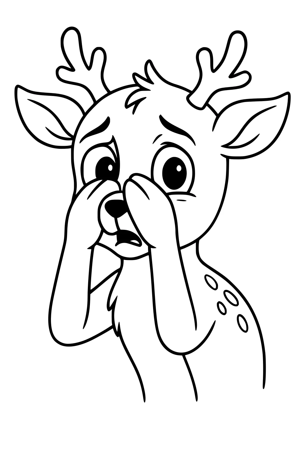 Cartoon fawn with small antlers, big eyes, and spotted back, holding hooves to mouth in surprise.