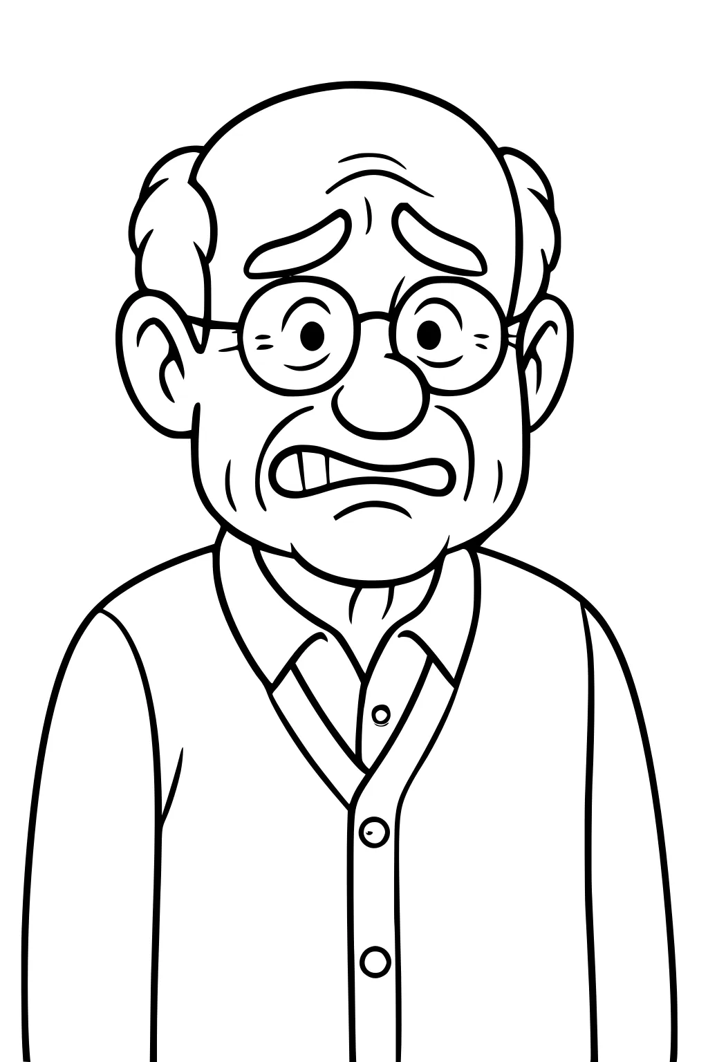 Cartoon grandfather with glasses and cardigan, worried face with raised eyebrows and uneven mouth, chest-up portrait in bold outlines.